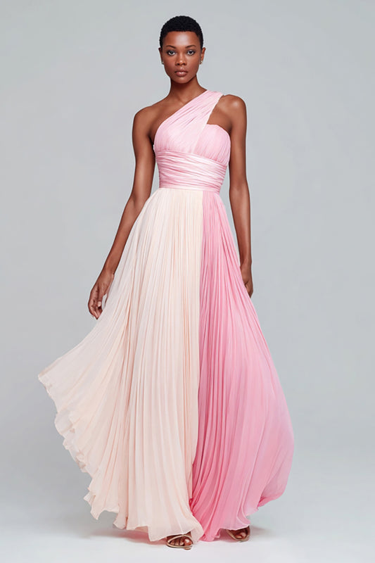 Zapaka Pink Chiffon Long Formal Wedding Guest Dress with Pleats One Shoulder A Line Patchwork Party Dress