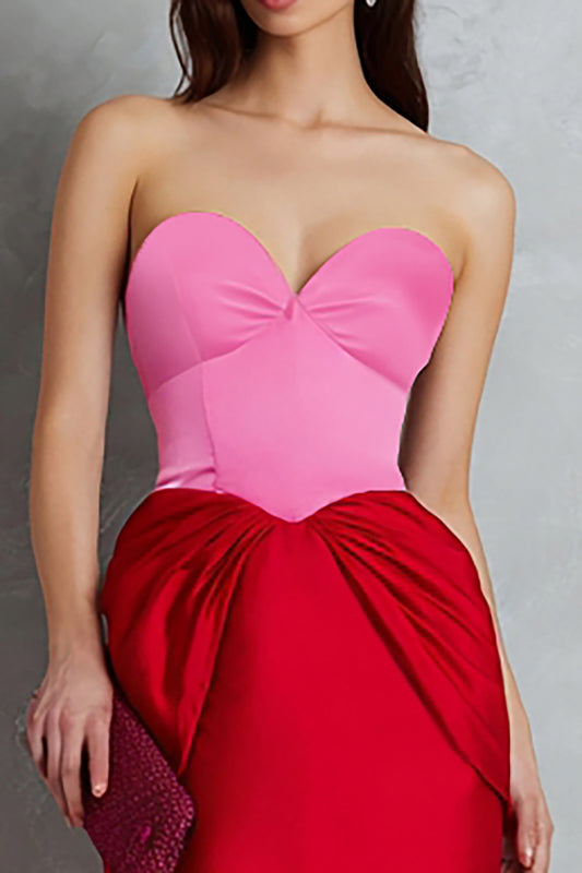Red and Fuchsia Satin Sweetheart Sheath Long Formal Dress