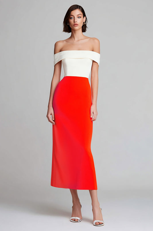 Simple Ivory and Orange Off the Shoulder Sheath Long Formal Dress