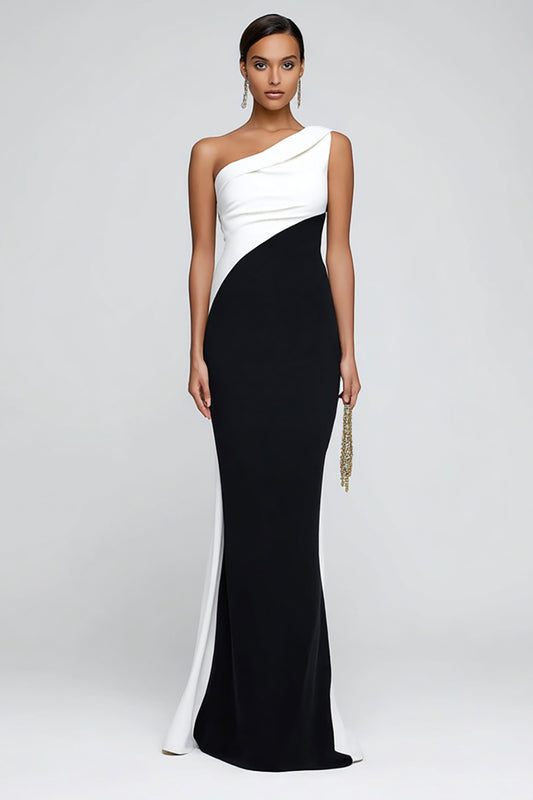 Simple Black and White One Shoulder Patchwork Long Formal Dress