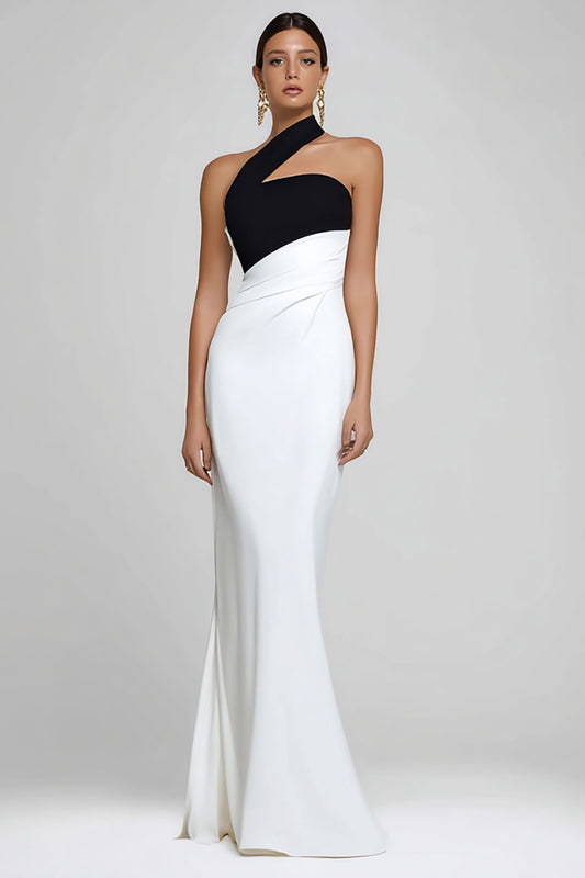 Simple Black and White Mermaid One Shoulder Long Formal Dress