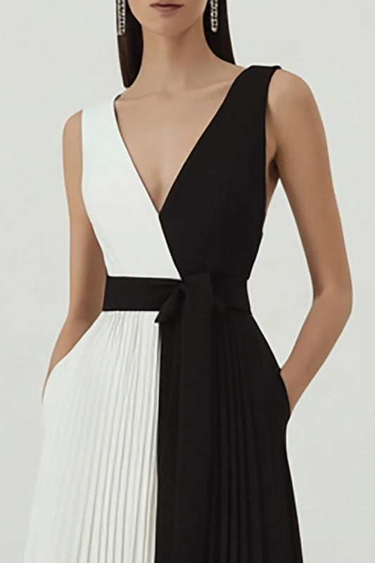 Black and White Pleated V-Neck A Line Long Formal Dress