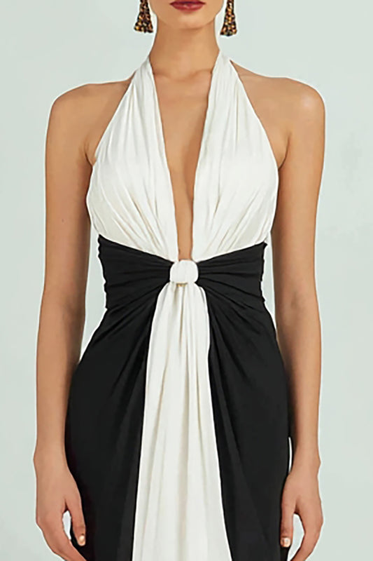 Black and White Deep V-Neck Ruched Sheath Long Formal Dress