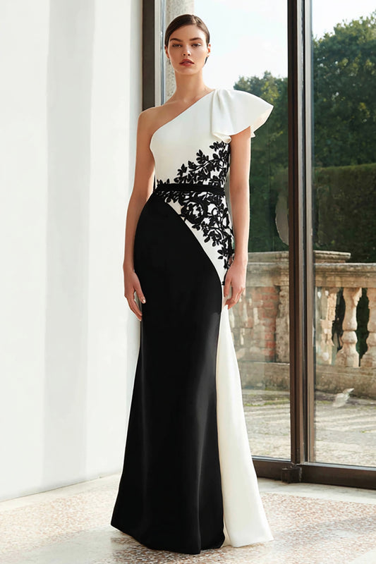 Black and White Mermaid Patchwork Long Formal Dress with Appliques