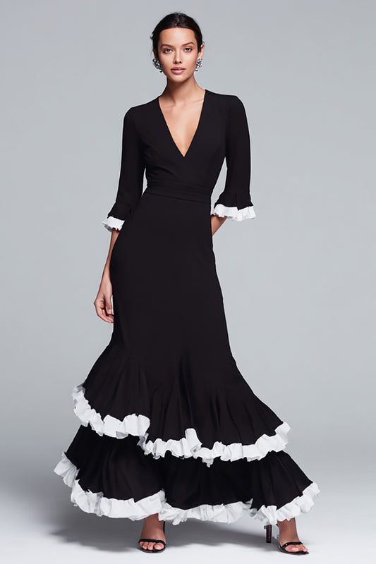 Black and White V-Neck Ruffled Tiered Long Formal Dress with Sleeves