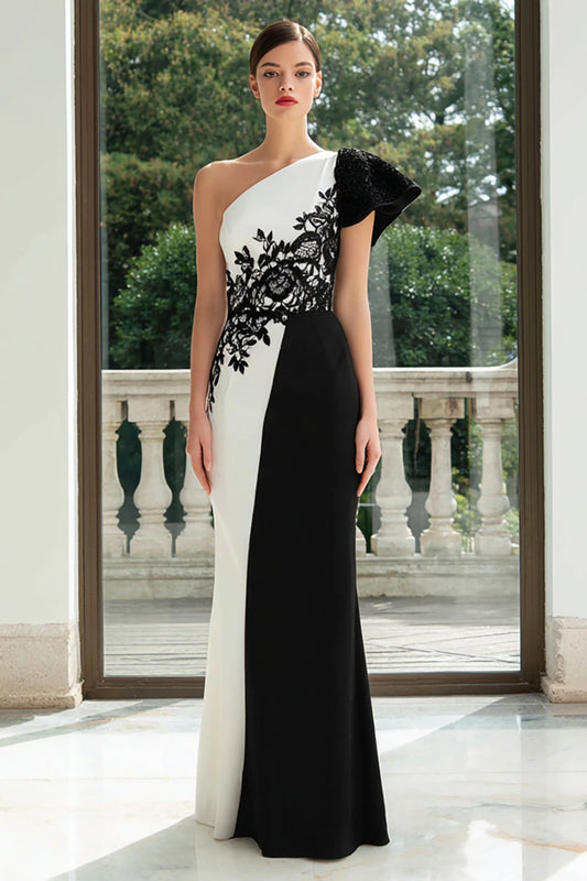 Black and White One Shoulder Patchwork Long Formal Dress with Appliques