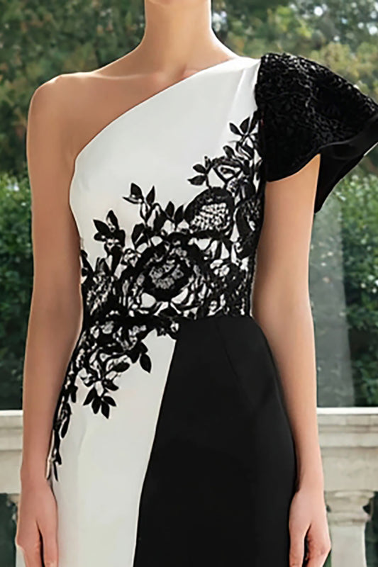 Black and White One Shoulder Patchwork Long Formal Dress with Appliques