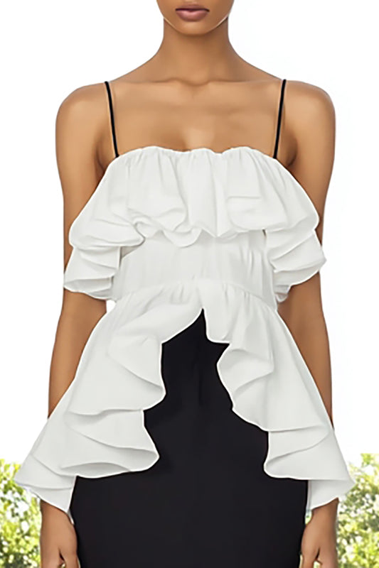 Black and White Spaghetti Straps Long Formal Dress with Ruffles