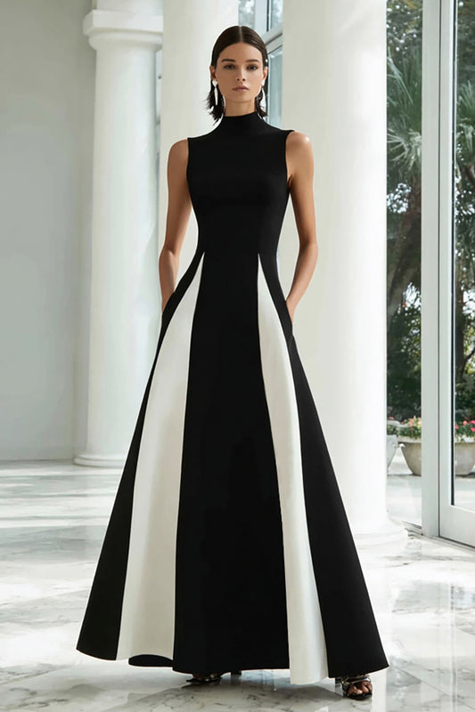 Black and White High Neck Long A Line Formal Dress