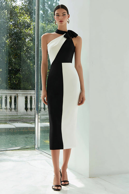 Simple Black and White Sheath Patchwork Midi Formal Dress
