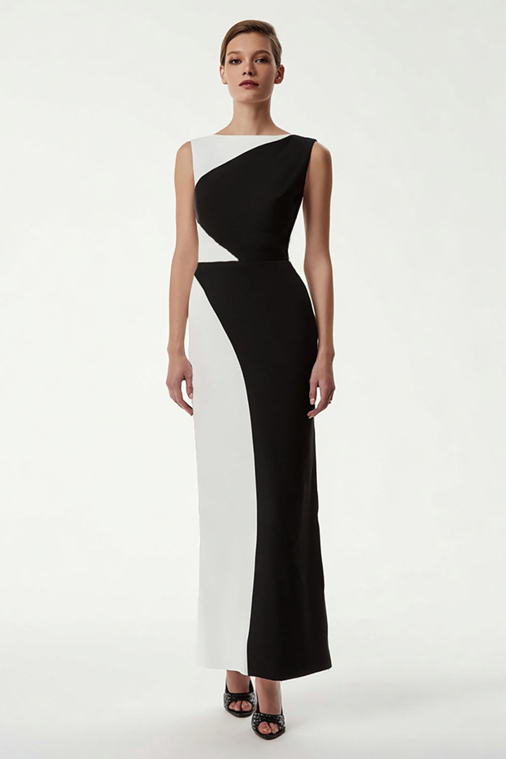 Zapakasa Women Black and White Patchwork Long Formal Dress Sheath Bateau Neck Satin Evening Dress Zapakasa Women Black and White Patchwork Long Formal Dress Sheath Bateau Neck Satin Evening Dress