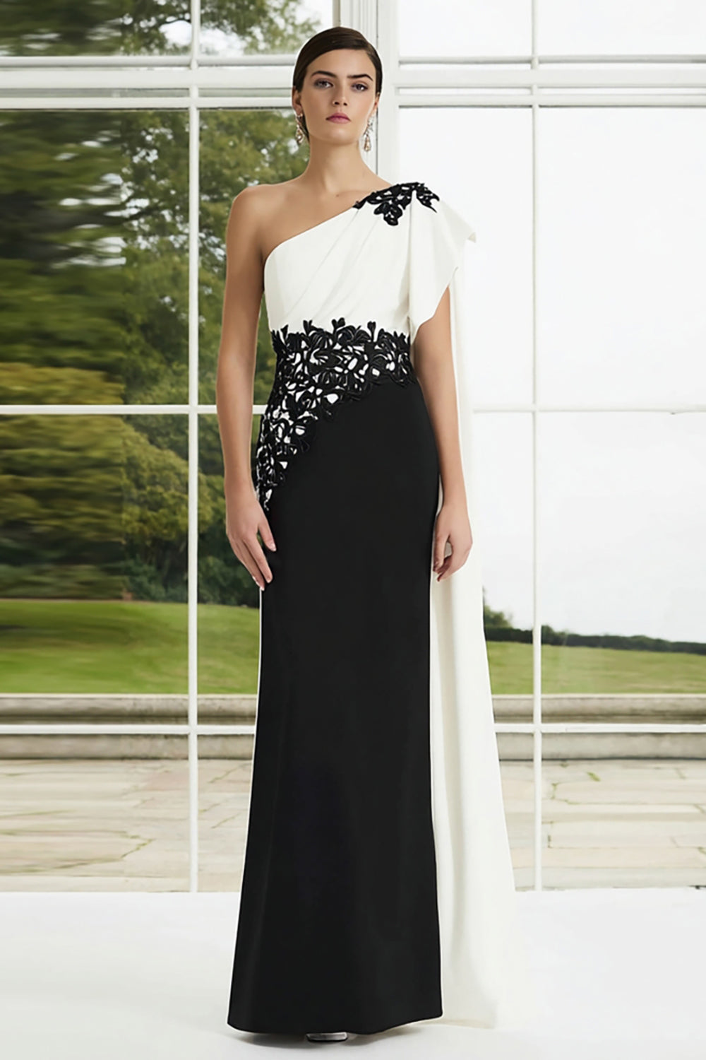 Zapakasa Women Black and White Appliqued Long Formal Dress with Side