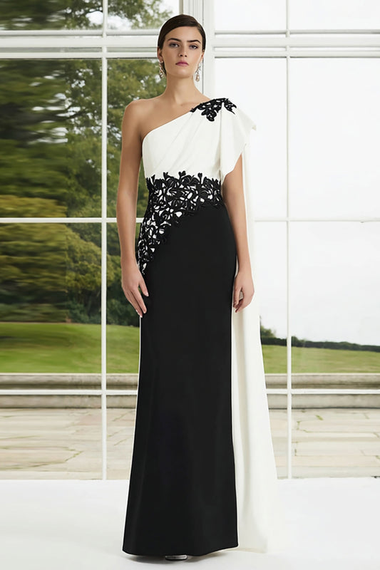 Black and White One Shoulder Appliqued Long Formal Dress with Side Cape