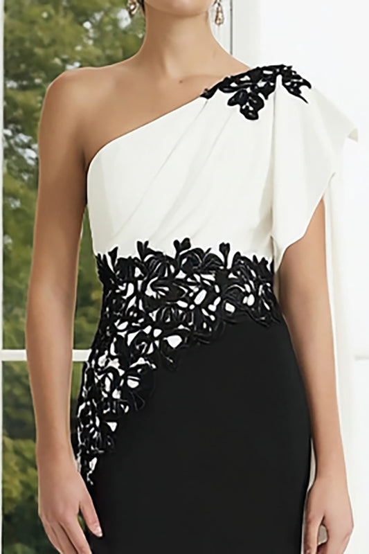Black and White One Shoulder Appliqued Long Formal Dress with Side Cape