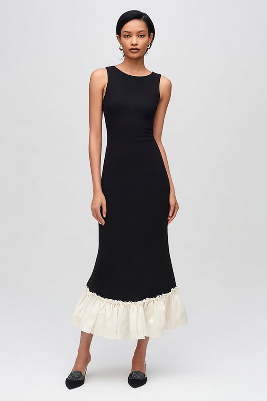 Simple Black and White Round Neck Long Formal Dress