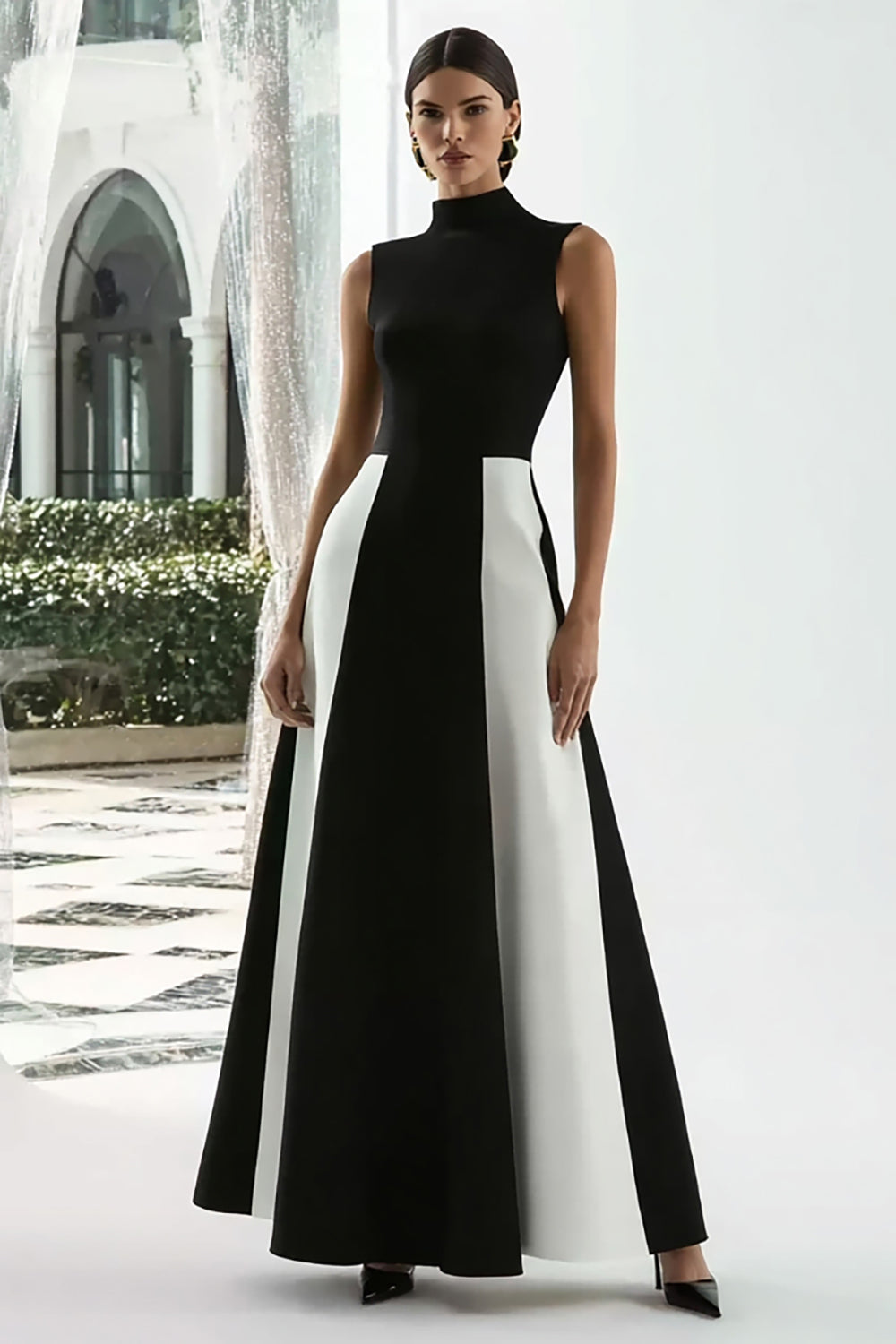 Zapakasa Women Black and White Satin Long Formal Dress Patchwork High Neck A Line Evening Dress Zapakasa Women Black and White Satin Long Formal Dress Patchwork High Neck A Line Evening Dress