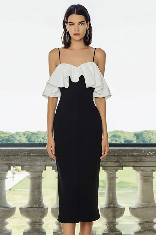 Black and White Cold Shoulder Pencil Midi Formal Dress with Ruffles