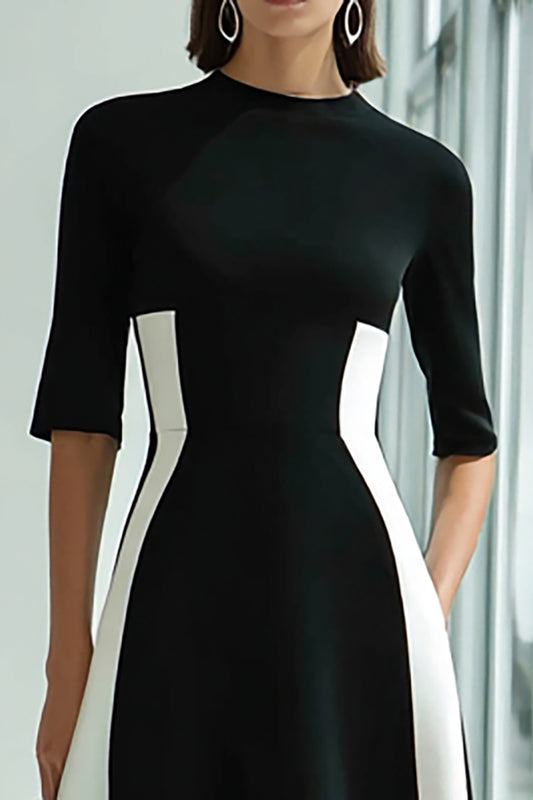 Black and White A Line Patchwork Long Formal Dress with Sleeves