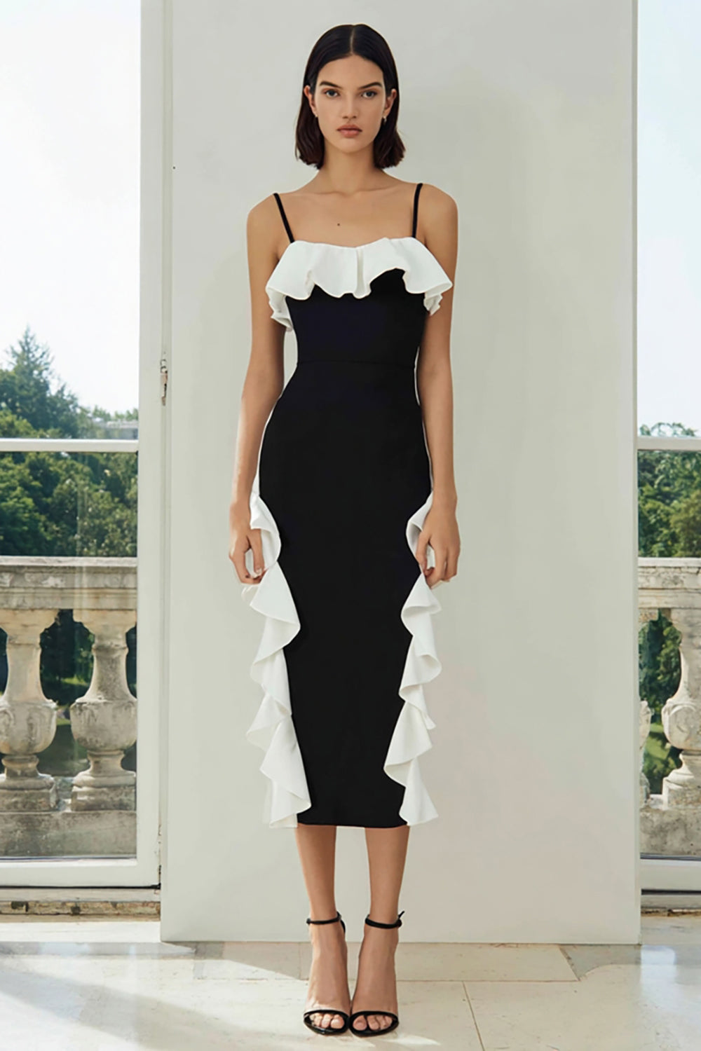 Zapakasa Women Black and White Pencil Midi Formal Dress with Ruffles Spaghetti Straps Satin Semi-Formal Dress Zapakasa Women Black and White Pencil Midi Formal Dress with Ruffles Spaghetti Straps Satin Semi-Formal Dress