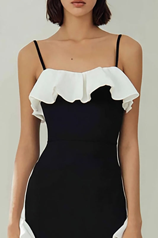 Black and White Pencil Spaghetti Straps Midi Formal Dress with Ruffles