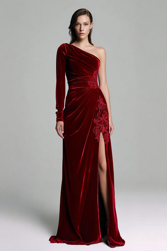 Burgundy Sheath One Shoulder Velvet Ruched Long Sleeves Holiday Party Dress with Slit