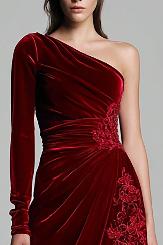 Burgundy Sheath One Shoulder Velvet Ruched Long Sleeves Holiday Party Dress with Slit