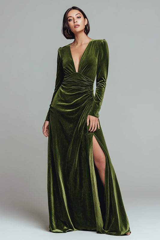 Olive Sheath Velvet Ruched V-Neck Long Sleeves Holiday Party Dress with Slit