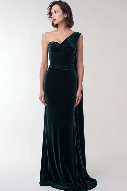 Dark Green Mermaid Velvet One Shoulder Long Holiday Party Dress