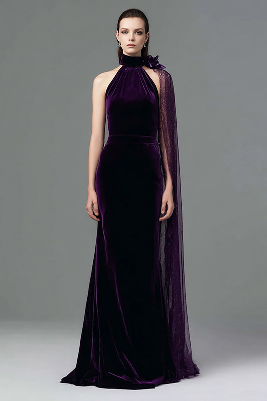 Plum Velvet Mermaid High Neck Long Holiday Party Dress with Side Cape