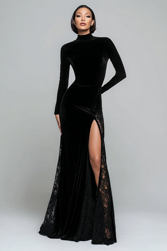 Black Velvet Mermaid High Neck Long Sleeves Holiday Party Dress with Slit