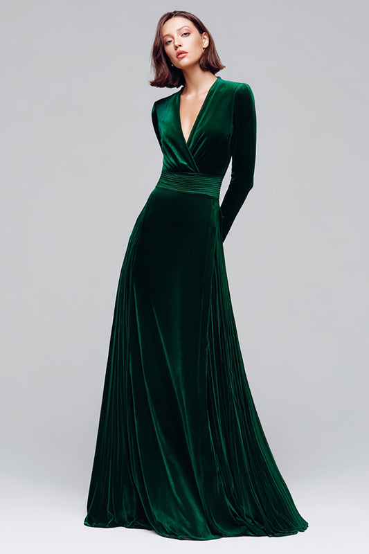 Dark Green Velvet A Line V-Neck Long Sleeves Holiday Party Dress