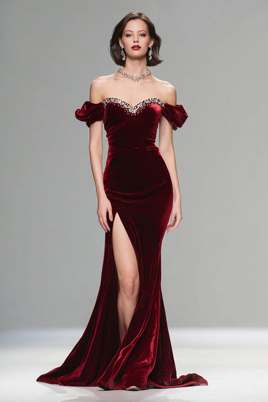 Sparkly Burgundy Velvet Mermaid Long Holiday Party Dress with Beading