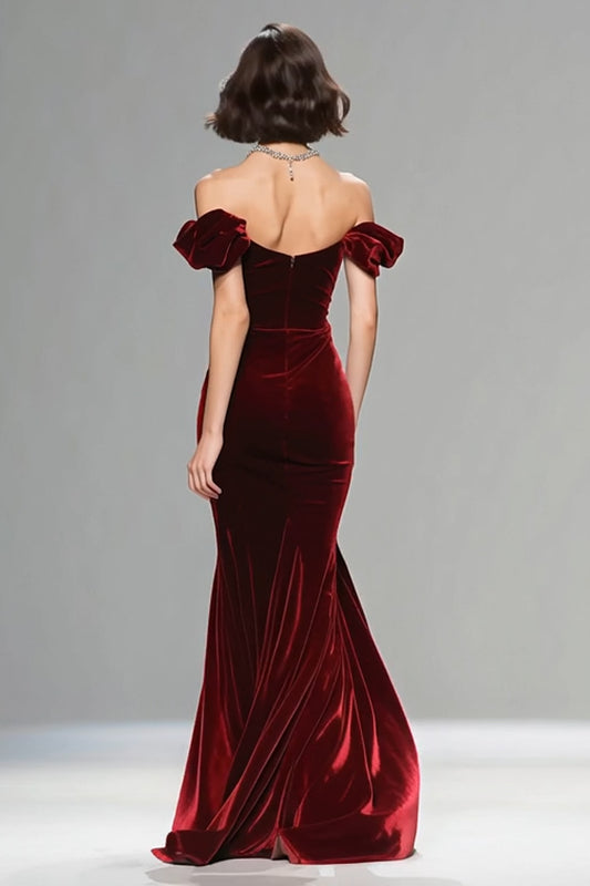 Sparkly Burgundy Velvet Mermaid Long Holiday Party Dress with Beading