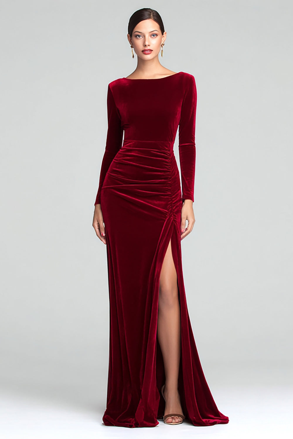Zapaka Women Burgundy Velvet Long Formal Dress with Sleeves Boat Neck Sheath Holiday Party Dress with Slit, Burgundy / US26W Zapaka Women Burgundy Velvet Long Formal Dress with Sleeves Boat Neck Sheath Holiday Party Dress with Slit, Burgundy / US26W