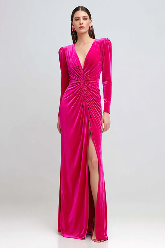 Fuchsia Ruched Velvet Sheath Long Sleeves Holiday Party Dress with Slit