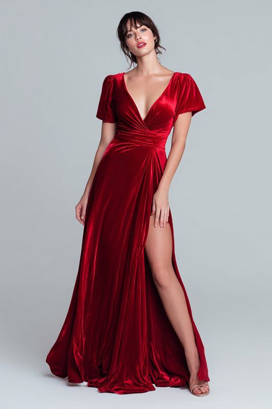 Red A Line Velvet V-Neck Short Sleeves Long Holiday Party Dress with Slit