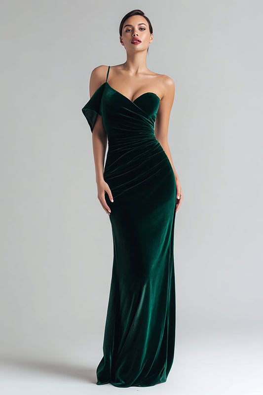 Dark Green Velvet Mermaid Ruched Long Holiday Party Dress