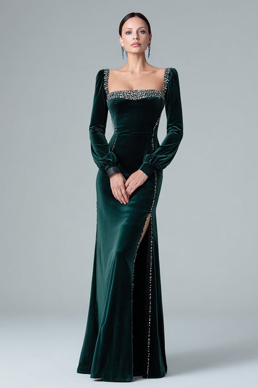 Sparkly Dark Green Mermaid Velvet Long Sleeves Holiday Party Dress with Slit