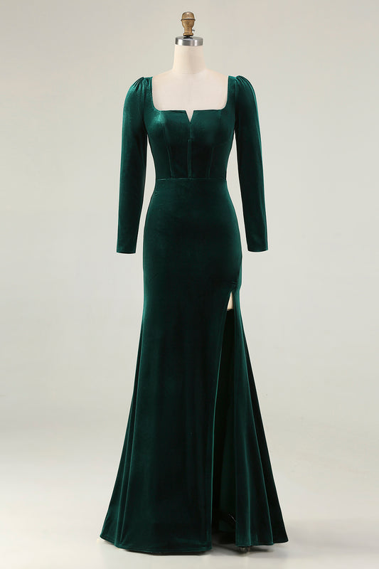 Dark Green Square Neck Velvet Long Holiday Party Dress with Slit