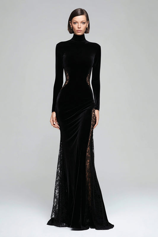 Zapaka Black Velvet Maxi Formal Dress High Neck Holiday Party Dress with Lace Mermaid Black Tie Dess