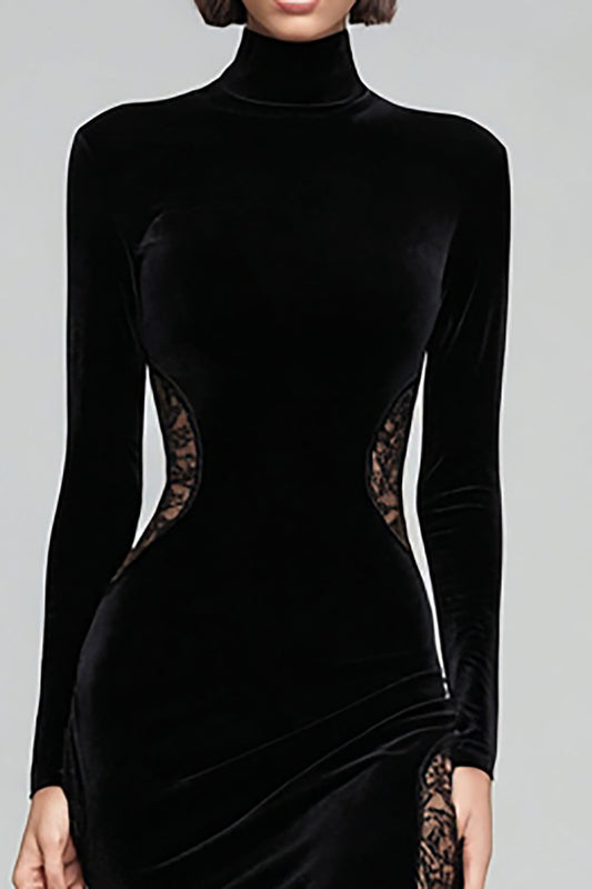Black Mermaid High Neck Velvet Maxi Formal Dress with Lace