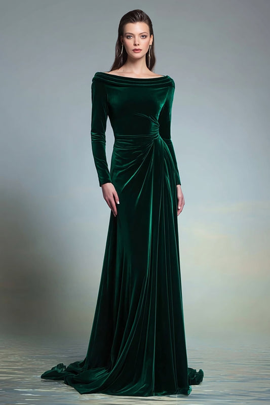 Dark Green Velvet Bateau Neck Long Formal Dress with Sleeves
