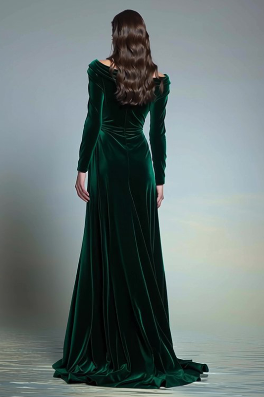 Dark Green Velvet Bateau Neck Long Formal Dress with Sleeves