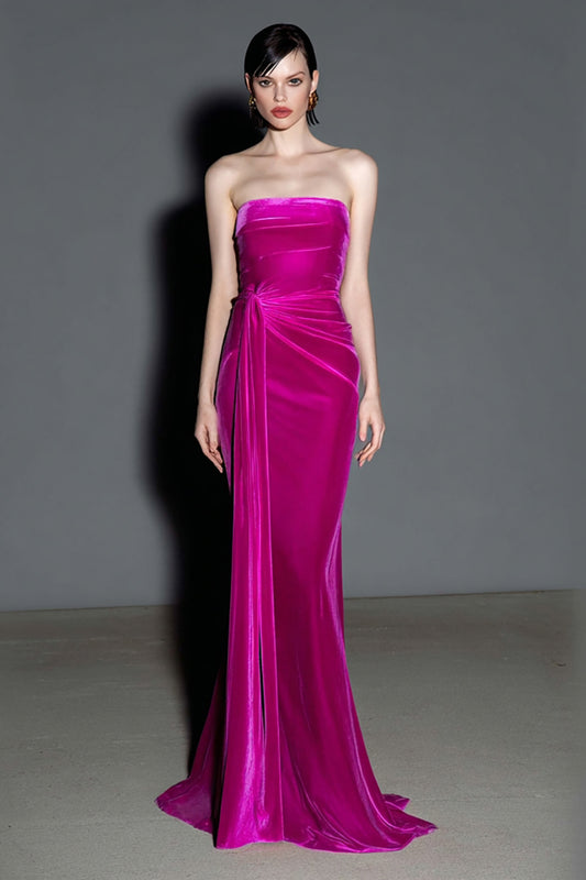 Fuchsia Strapless Velvet Mermaid Maxi Evening Dress