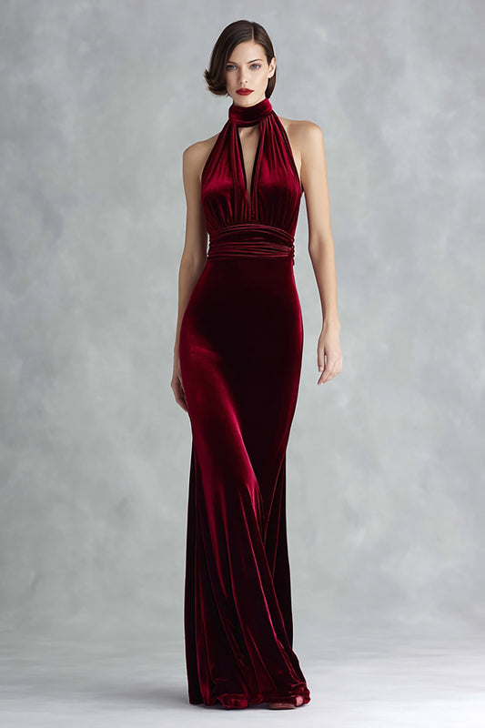 Burgundy Velvet High Neck Keyhole Long Formal Dress
