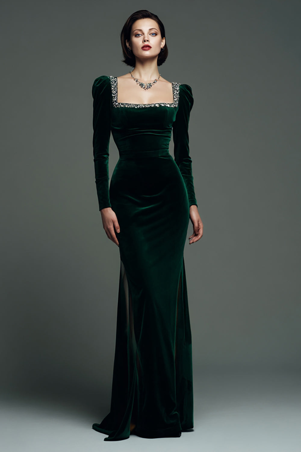 Zapakasa Women Saprkly Dark Green Mermaid Maxi Formal Dress Square Neck Velvet Holiday Party Dress with Beading Zapakasa Women Saprkly Dark Green Mermaid Maxi Formal Dress Square Neck Velvet Holiday Party Dress with Beading
