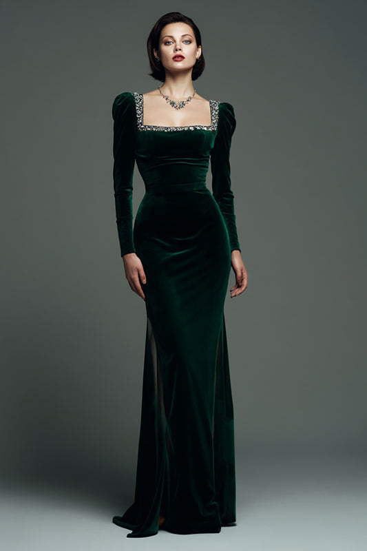 Sparkly Dark Green Square Neck Velvet Mermaid Maxi Formal Dress