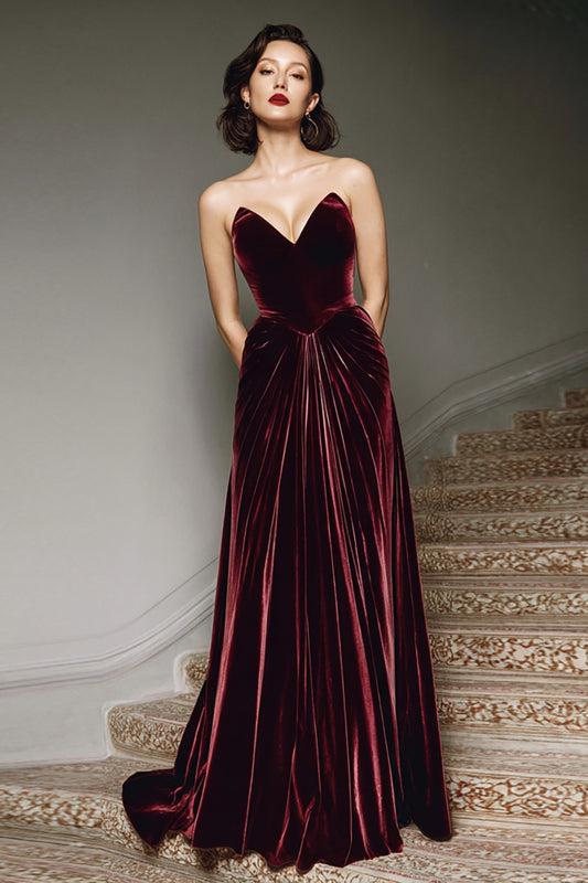 Burgundy Velvet Long Formal Dress Sweetheart Strapless A Line Pleated Holiday Party Dress