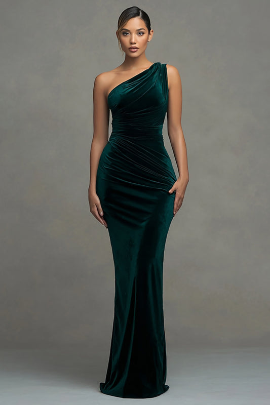 Dark Green Velvet Mermaid One Shoulder Maxi Formal Dress