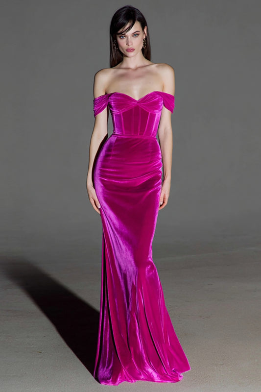 Fuchsia Corset Mermaid Maxi Velvet Evening Dress